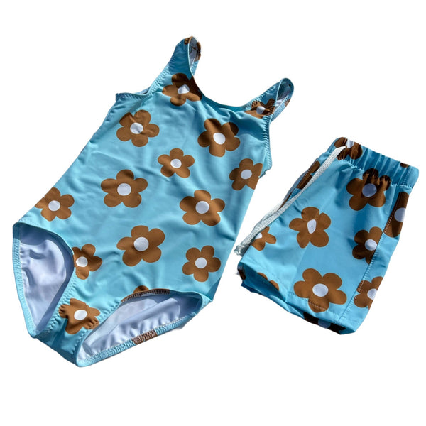 Retro Brown & Aqua Floral Swim Shorts